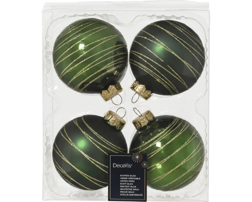 Weihnachtsbaumkugeln Glas Ø 8 cm grün 4 Stück Vier grüne Christbaumkugeln aus Glas mit goldenen Streifen im Set