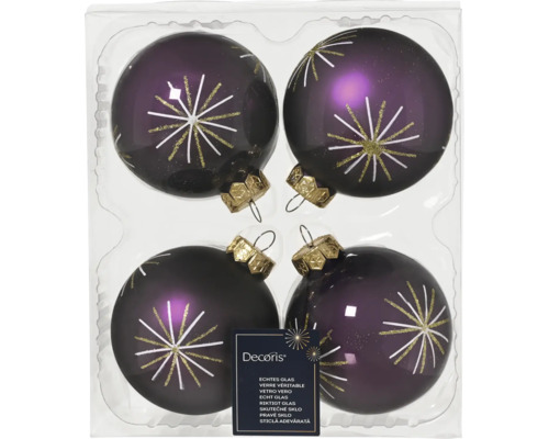 Weihnachtsbaumkugeln Glas Ø 8 cm purpur 4 Stück Vier verzierte Glas Weihnachtskugeln im Karton