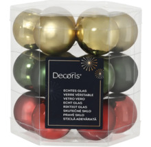 Set mit Christbaumkugeln aus Echtglas, sortiert in Gold, Grün und Rot, verpackt in einer transparenten Box