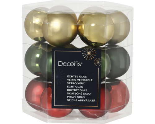 Set mit Christbaumkugeln aus Echtglas, sortiert in Gold, Grün und Rot, verpackt in einer transparenten Box