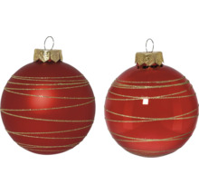 Deux boules de Noël rouges avec des rayures dorées
