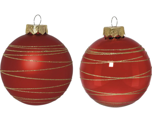 Deux boules de Noël rouges avec des rayures dorées