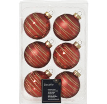 Lot de six boules de Noël rouges en verre avec des rayures dorées