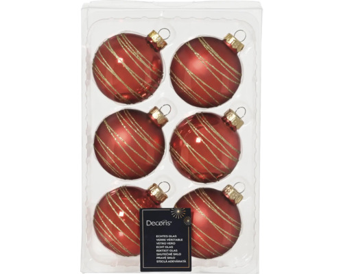 Lot de six boules de Noël rouges en verre avec des rayures dorées