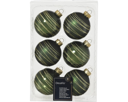 Weihnachtsbaumkugeln Glas Ø 6 cm dunkelgrün 6 Stück Sechs grüne Weihnachtskugeln aus Glas mit goldenen Streifen