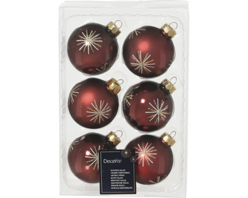 Lot de six boules de Noël en verre avec motif étoile