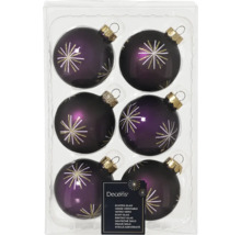 Packung mit sechs violetten Weihnachtskugeln aus Glas mit Sternmuster