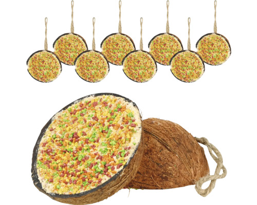 Wildvogelfutter dobar Vitamin - Kokosnusshälften gefüllt für Wildvögel, 10 St. je St. ca. 200 g Kokosnusshälfte gefüllt mit Vogelfutter und hängende Futterdekorationen für Vögel