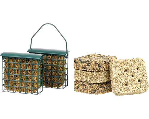 Wildvogelfutter Set dobar Wildvogel Saaten-Blöcke Set inklusive Spender, 8-teilig, Energieblöcke für Wildvögel, Ganzjahresvogelfutter, Vogelfutterhalter aus Metall mit Futter und Futterblöcken