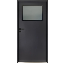 Schwarze Tür mit Glaseinsatz und Türgriff