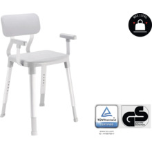 Duschstuhl mit Rückenlehne und Armlehnen, höhenverstellbar, maximale Belastbarkeit 110 Kilogramm, TÜV Rheinland Zertifikat, Geprüfte Sicherheit Siegel