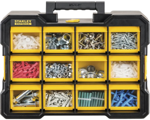 Boîte d'assortiment Stanley Fatmax avec diverses vis, chevilles et matériel de fixation.