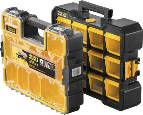 Deux boîtes de rangement Stanley Fatmax noires et jaunes