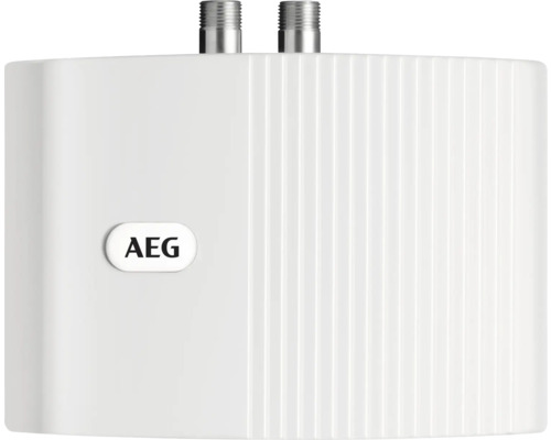 Petit chauffe-eau instantané AEG MTD 440 hydraulique uniquement pour lave-mains, 4,4 kW sans prise raccordement fixe 230V Logo AEG sur un chauffe-eau électrique