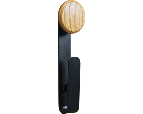 Crochets de fonction Sonava noir revêtu par poudre avec tête en bois naturel Large Pack = 4 pièces y compris fixation Patère murale avec bouton en bois