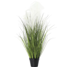 Dekorative künstliche Pflanze mit Gräsern und Blüten in einem schwarzen Topf