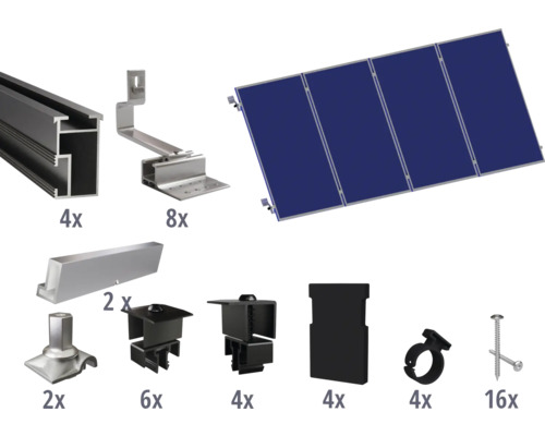 Kit de montage noir pour 4 modules photovoltaïques (4x1) sur toiture inclinée y compris 4x rails de montage de 2400 mm Composants pour l'installation de systèmes solaires, comprenant des modules, des rails et du matériel de fixation