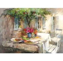 Peinture d''une scène de jardin avec une table dressée, des fleurs et du vin