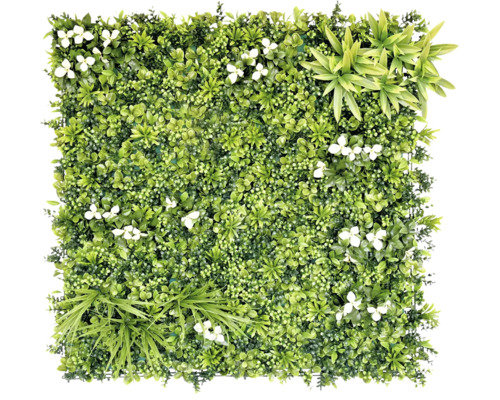 Quadratisches Dekoelement mit künstlichen grünen Pflanzen und weißen Blüten zur Wandgestaltung