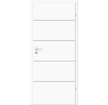 Weiße Innentür mit horizontalen Zierlinien und Türdrückergarnitur