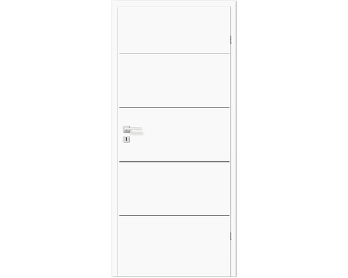 Weiße Innentür mit horizontalen Zierlinien und Türdrückergarnitur