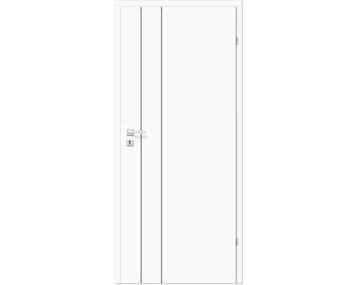 Weiße Innentür mit zwei schwarzen Zierlinien, Türgriff und Schloss