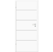 Weiße Innentür mit horizontalen Zierlinien und Türgriff