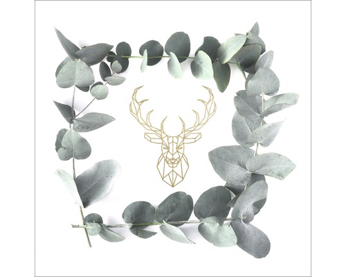 Eukalyptusblätter umrahmen stilisierte Hirschkopf-Grafik