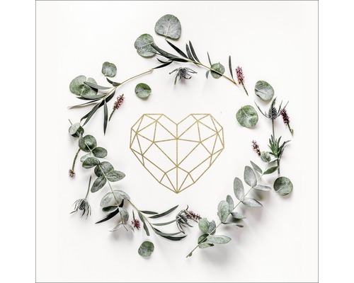 Geometrisches Herz umgeben von Eukalyptus- und Distelzweigen