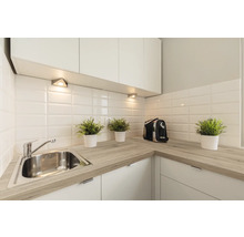 Cuisine claire avec évier, plan de travail et appareils de cuisine