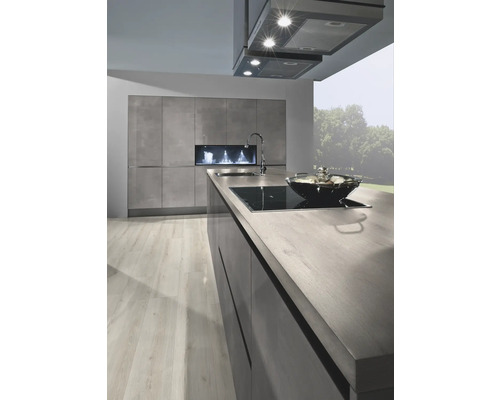 Cuisine moderne avec armoires grises, plaque de cuisson et hotte aspirante