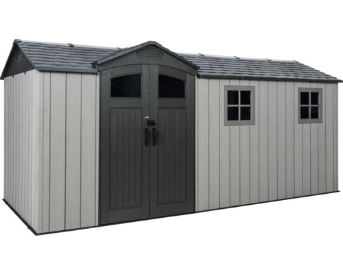 Gartenschuppen mit Doppeltür und zwei Fenstern.