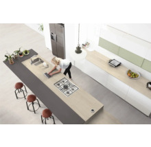 Moderne Küche mit Kochinsel, Spüle, Barhockern und Frau am Laptop