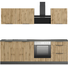 Cuisine équipée avec évier, plaque de cuisson, four, hotte aspirante et armoires avec façades en bois