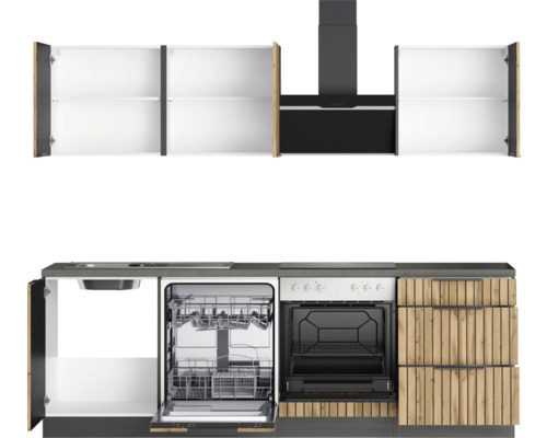 Cuisine équipée avec éléments hauts, évier, lave-vaisselle, four et hotte aspirante