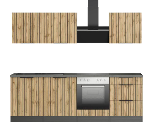 Küchenzeile mit Spüle, Herd, Backofen und Dunstabzugshaube