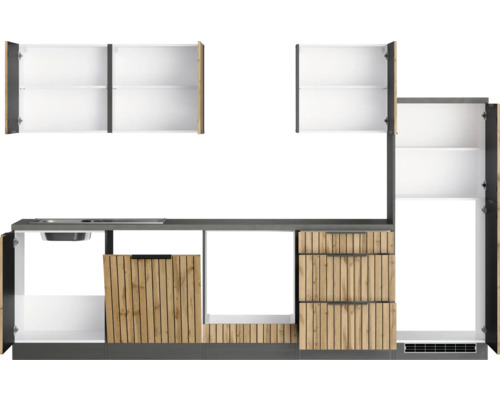 Cuisine linéaire avec évier, placards et tiroirs