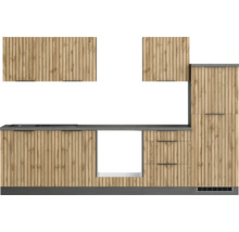 Küchenzeile mit Unterschränken, Arbeitsplatte und Hängeschränken in Holzoptik