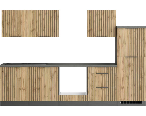 Küchenzeile mit Unterschränken, Arbeitsplatte und Hängeschränken in Holzoptik