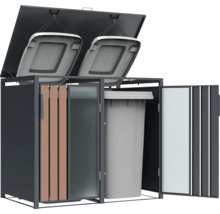 Mülltonnenbox für zwei Mülltonnen mit geöffnetem Deckel und Türen