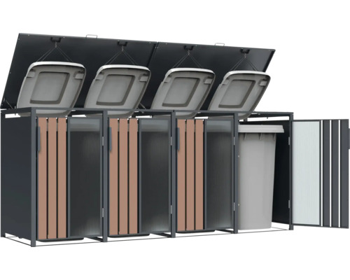 Mülltonnenbox für vier Mülltonnen mit aufklappbarem Deckel und Tür