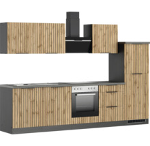 Cuisine complète avec évier, plaque de cuisson, four, hotte aspirante et armoires décor bois