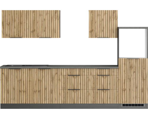 Cuisine complète sans appareils Held Möbel Trient 300 cm chêne mat démontée variante réversible 1104.6356 Cuisine linéaire avec façades en bois, tiroirs et éléments hauts