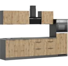 Moderne Küche mit Holzfronten, Dunstabzugshaube und Backofen