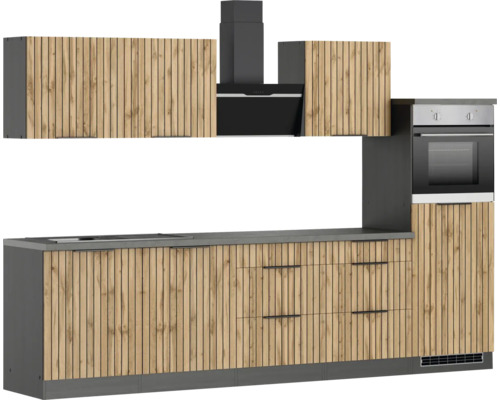 Cuisine moderne avec accents de bois, hotte aspirante et four intégré