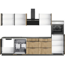 Cuisine équipée avec lave-vaisselle, cuisinière, hotte aspirante et armoires