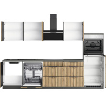 Cuisine complète avec lave-vaisselle, cuisinière, hotte aspirante, réfrigérateur et armoires