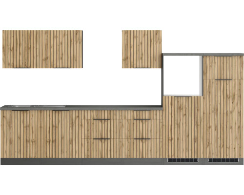 Cuisine linéaire avec façades en bois, plan de travail et armoires