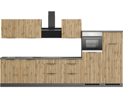 Cuisine équipée avec évier, plaque de cuisson, four et hotte aspirante