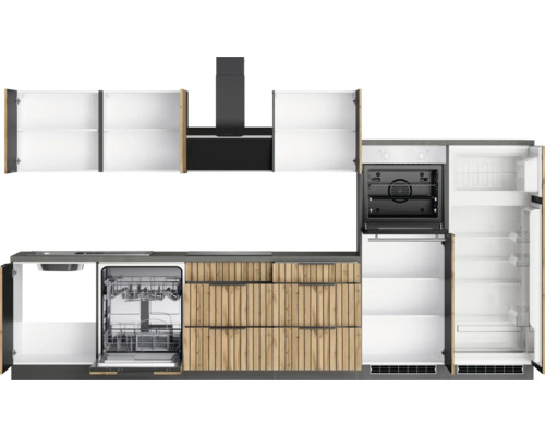 Cuisine moderne avec évier, lave-vaisselle, four, réfrigérateur et hotte aspirante